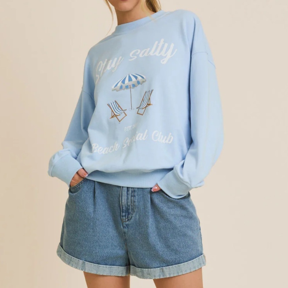 Gilli Stay Salty Social Club Sweatshirt Coastal Casual Beachy Blue Size Large